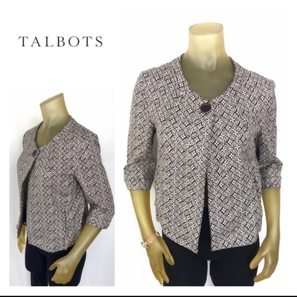 Talbots Brown Off White Single Button Blazer Stretch All Over Print Women's - Picture 1 of 8